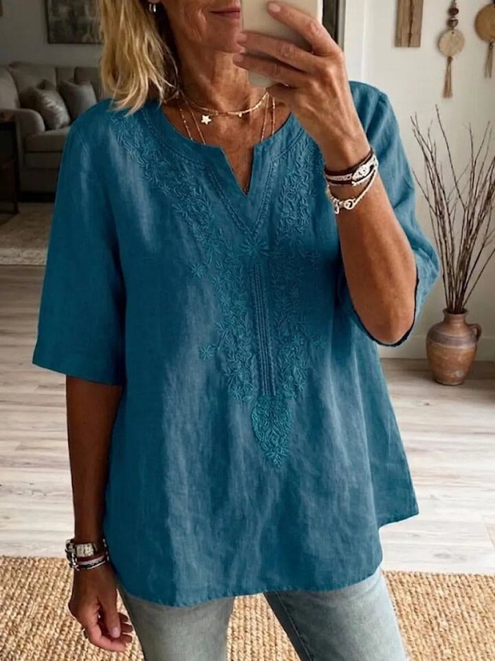 Women's Vintage Floral Embroidery V-neck Short-sleeved Cotton Shirt
