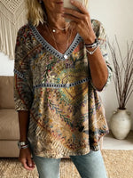 Ethnicity Texture Love Women's Vintage Art Print Casual V Neck Cutout Top