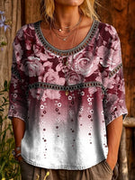 Womens Vintage Ethnic Red Gradient Floral Art Printed Casual Round Neck Cutout Top