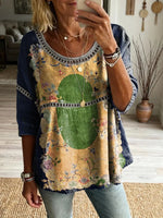 Women's Vintage Ethnic Style Floral Art Print Casual Round Neck Cutout Top