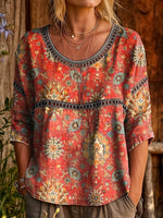 Women's Vintage Ethnic Red Floral Art Prints Casual Round Neck Cutout Top