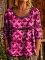Women's Pink Heart Pattern Art Print Casual Round Neck Cutout Top