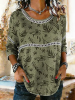 Women's Floral Art Print Round Neck Blouse with Lace Trim