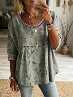 Women's Vintage Simple Floral Art Print Casual Round Neck Cutout Top