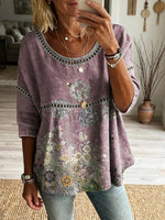 Women's Floral Vintage Art Print Casual Round Neck Cutout Top