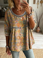 Women's Ethnic Retro Floral Art Print Casual Round Neck Cutout Top