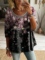 Women's Pink Petal Art Print Casual Round Neck Hollow-out Top
