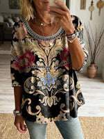 Women's Retro Totem Floral Art Print Casual Round Neck Hollow-out Top