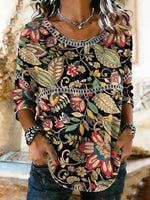 Women's Ethnic Floral Print Lace Trim Shirt