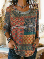 Women's Ethnic Floral Patchwork Print Lace Trim Shirt