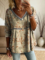 Ethnicity Bohemian Flowers Women's Vintage Art Print Casual V Neck Cutout Top