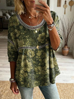 Womens Vintage Ethnic Green Floral Art Print Round Neck Cutout Cotton Top