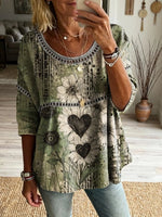 Women's Retro Bohemian Floral Art Print Casual Round Neck Hollow-out Top