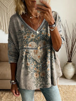 Ethnicity Bohemia Flowers Love Women's Vintage Art Print Casual V Neck Cutout Top
