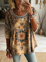Women's Bohemian Totem Art Print Casual Round Neck Hollow-out Top