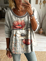 Women's Retro Minimalist Floral Art Print Casual Round Neck Hollow-out Top