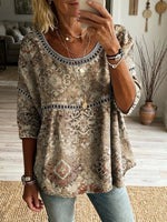 Ethnicity Retro Totem Women's Vintage Art Print Casual Round Neck Cutout Top