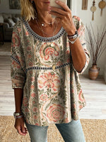 Women's Retro Ethnic Floral Striped Art Print Casual Round Neck Hollow-out Cotton Linen Top