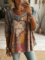 Women's Vintage Patchwork Heart Art Print Casual Round Neck Cutout Top