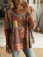 Ethnicity Totem Patchwork Women's Vintage Art Print Casual Round Neck Cutout Top
