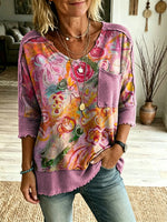 Women's Retro Pink Floral Art Print V-Neck Short-Sleeve Top with Pocket