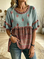 Women's Mixed Geometric Print Round Neck Fringe Trim Blouse