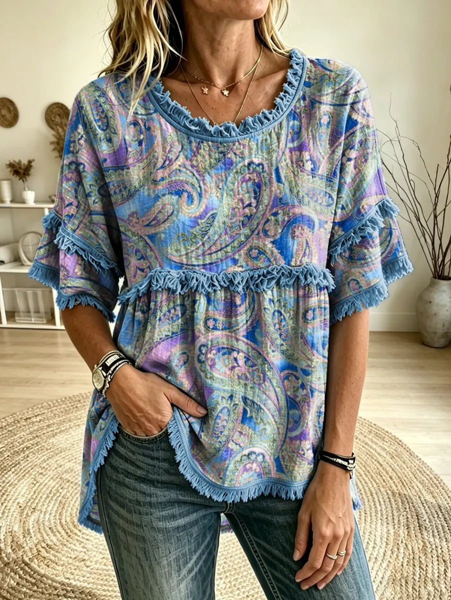 Women's Paisley Print Round Neck Woven Fringe Trim Blouse