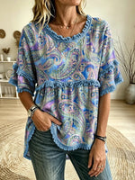 Women's Paisley Print Round Neck Woven Fringe Trim Blouse