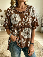 Women's Vintage Floral Print Round Neck Woven Fringe Trim Blouse