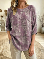 Women's Purple Vintage Paisley Floral Print Boat Neck Three Quarter Sleeve Top