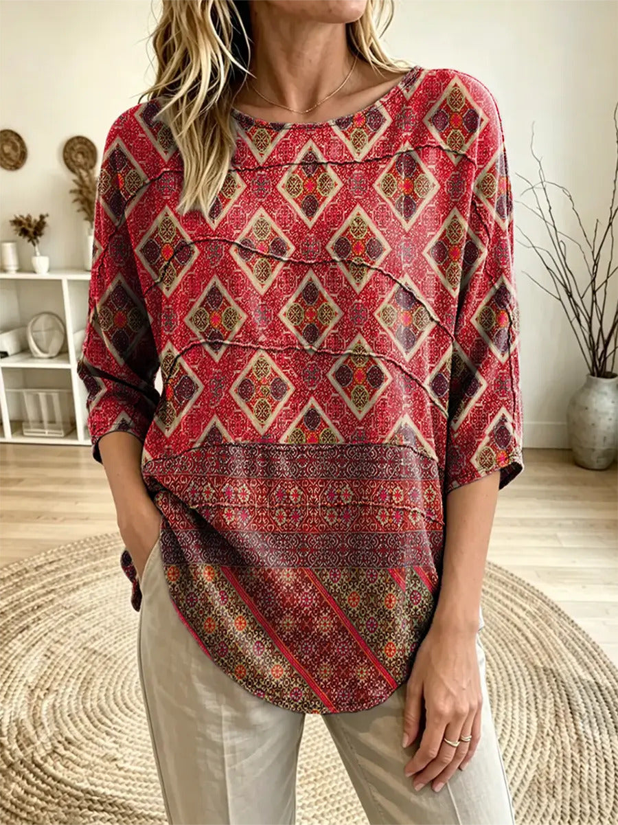 Women's Ethnic Geometric Diamond Print Boat Neck Three Quarter Sleeve Top