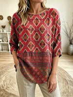 Women's Ethnic Geometric Diamond Print Boat Neck Three Quarter Sleeve Top
