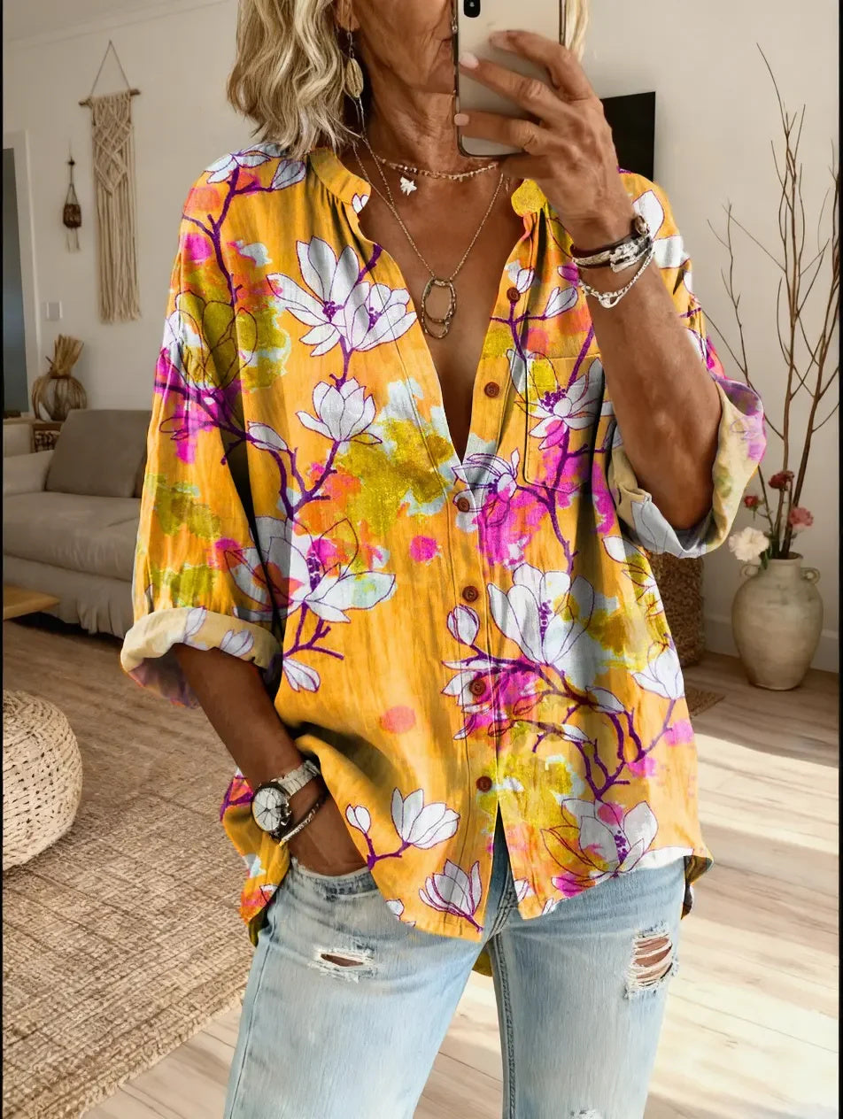 Vintage Flowers Women's Art Print Casual Cotton And Linen Shirt