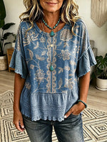 Women's Retro Textured Ethnic Floral Art Print Casual Crew-Neck Short-Sleeve Shirt