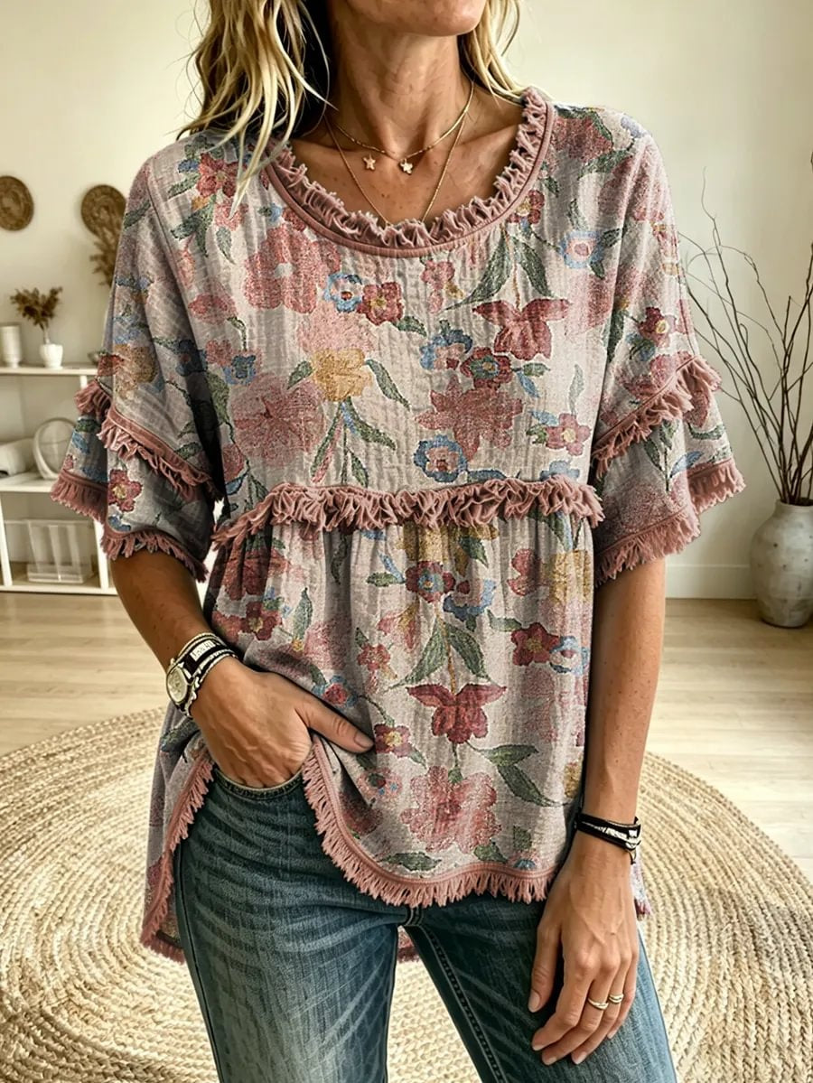 Women's Vintage Floral Print Round Neck Woven Fringe Trim Blouse