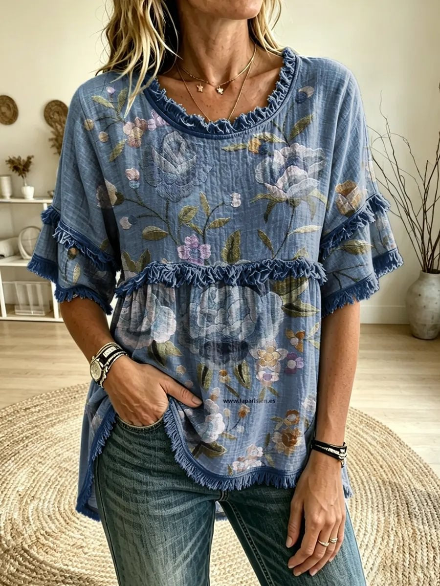 Women's Vintage Floral Print Round Neck Woven Fringe Trim Blouse $38.99