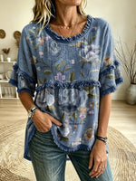 Women's Vintage Floral Print Round Neck Woven Fringe Trim Blouse $38.99