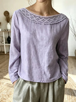 Women's Boat Neck Lace Trim Long Sleeve Blouse