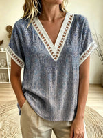 Women's Paisley Print V-Neck Cutout Trim Short Sleeve Top