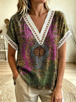 Women's Bohemian Rug Print V-Neck Cutout Trim Short Sleeve Top