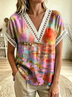 Women's Abstract Watercolor Print V-Neck Cutout Trim Short Sleeve Top