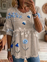 Ethnicity Bohemia Flowers Women's Art Casual Round Neck Linen T-shirt