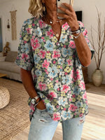 Women's Retro Colorful Petal Art Print Casual Cotton-Linen Shirt