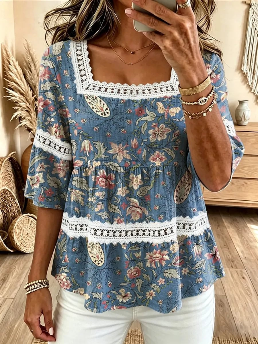 Women's Botanical Paisley Print Square Neck Lace Trim Blouse