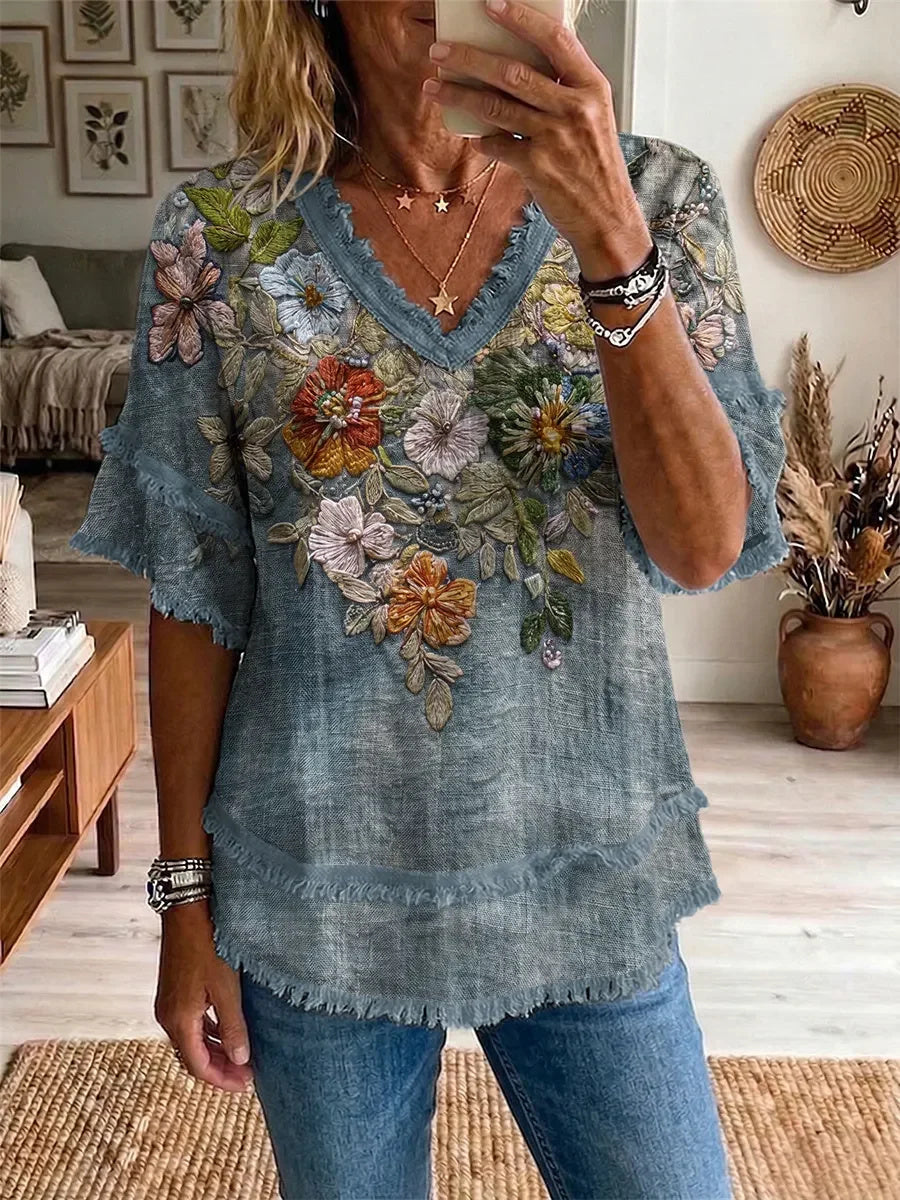 Ethnicity Flowers Colorful Women's Art Casual Patchwork V Collar Shirt