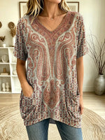 Women's Paisley Print V-Neck Short Sleeve Tunic Top With Pockets