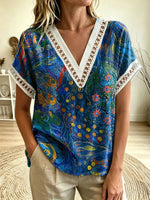 Women's Floral Print V-Neck Cutout Trim Short Sleeve Top