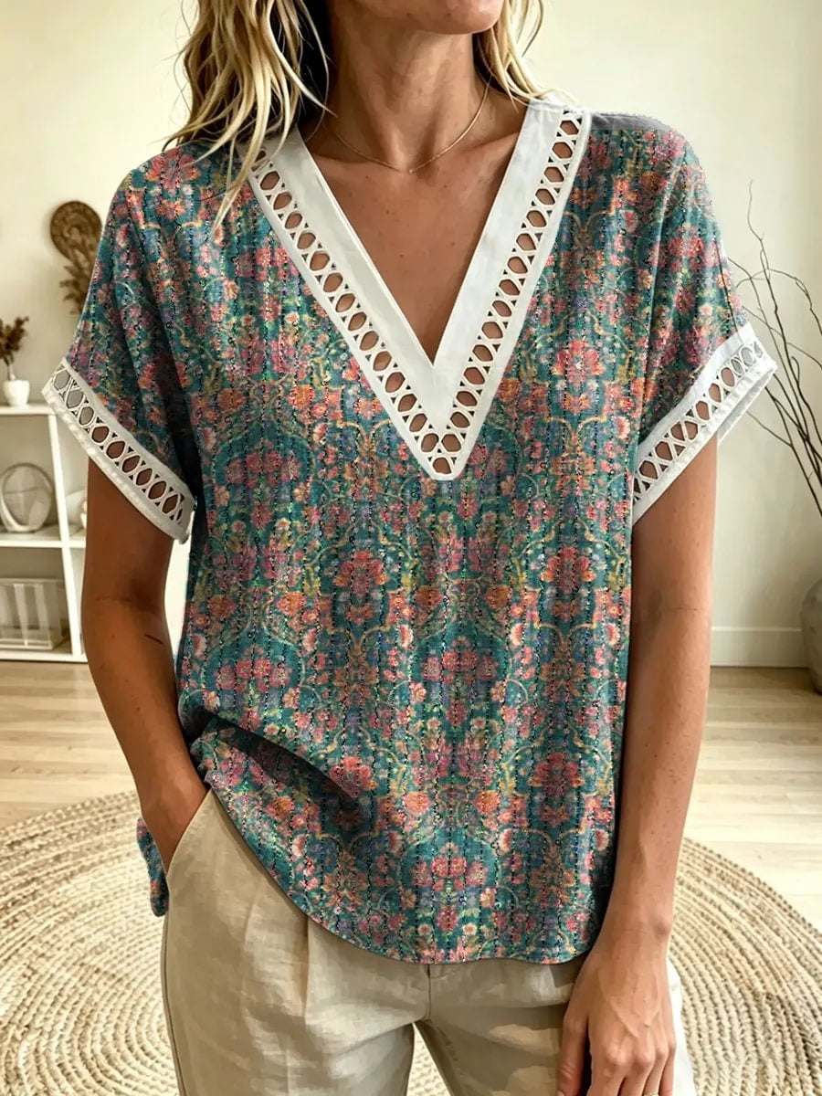 Women's Ethnic Floral Print V-Neck Cutout Trim Short Sleeve Top
