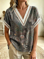 Women's Vintage Paisley Print V-Neck Cutout Trim Short Sleeve Top