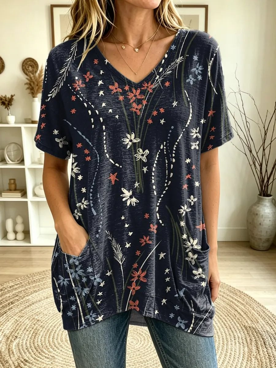 Women's Delicate Floral Star Print V-Neck Short Sleeve Tunic Top With Pockets
